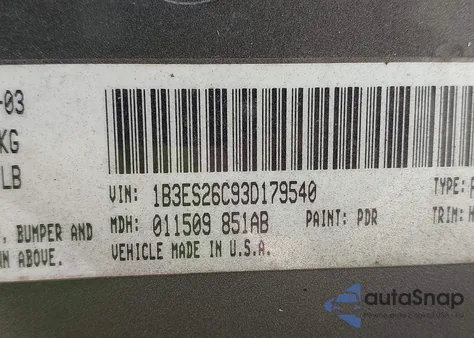 2003 Dodge Neon Se from USA, damaged, VIN 1B3ES26C93D179540
